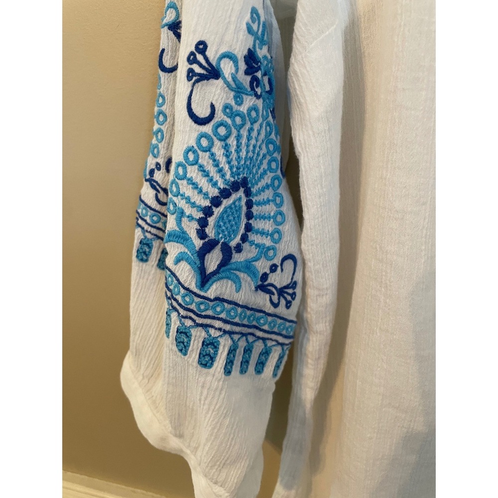 Talbots Size L Gauze Popover Tunic Top‎ White Blue Embroidered Vacation Summer - Picture 5 of 7